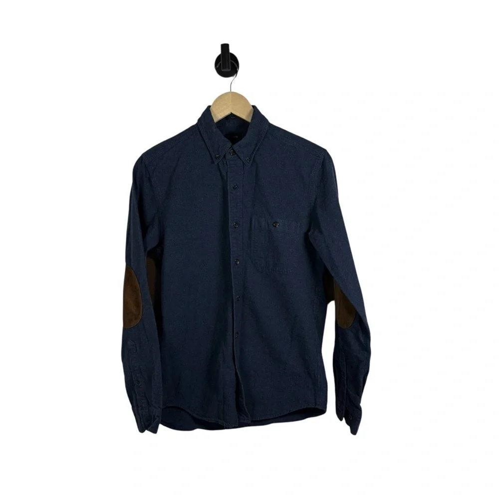 J. Crew Men’s Woven Collared Leather Elbow Patch Button Down Navy/Brown S